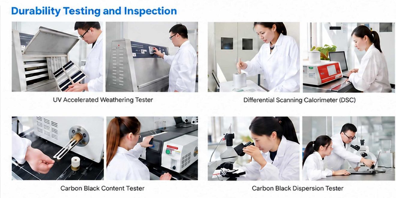 Durability testing: UV weathering, DSC, carbon black content and dispersion testers